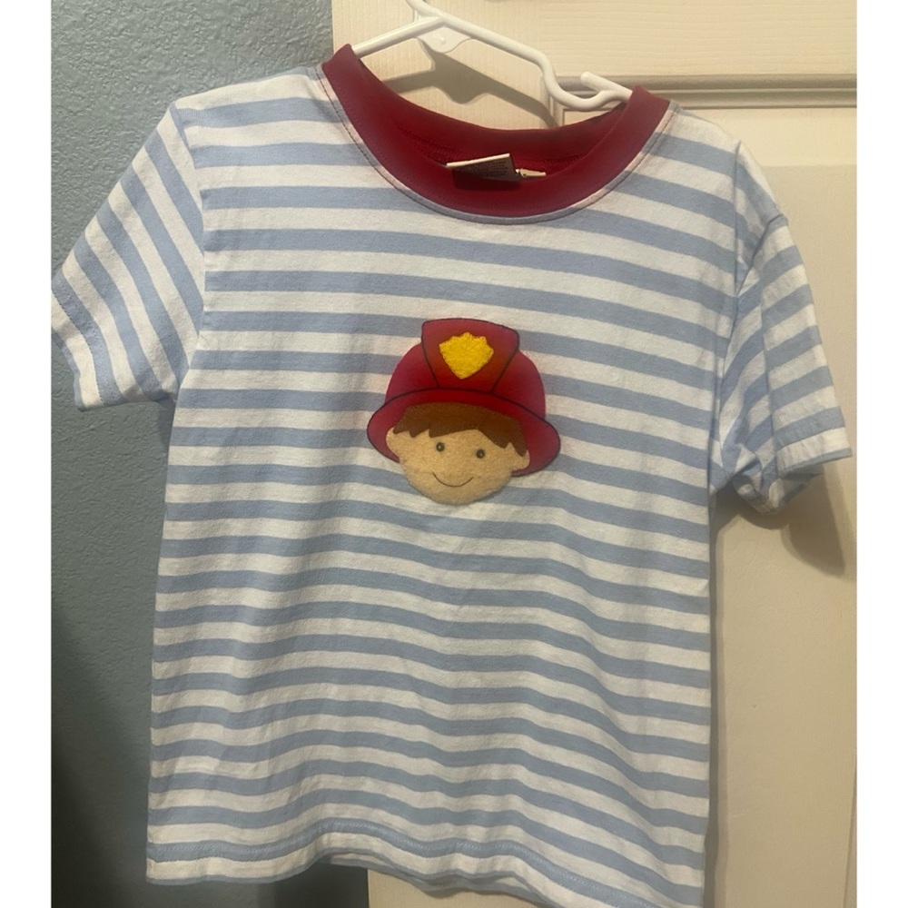 Luigi Striped Blue and White Kids Shirt with Firefighter Design